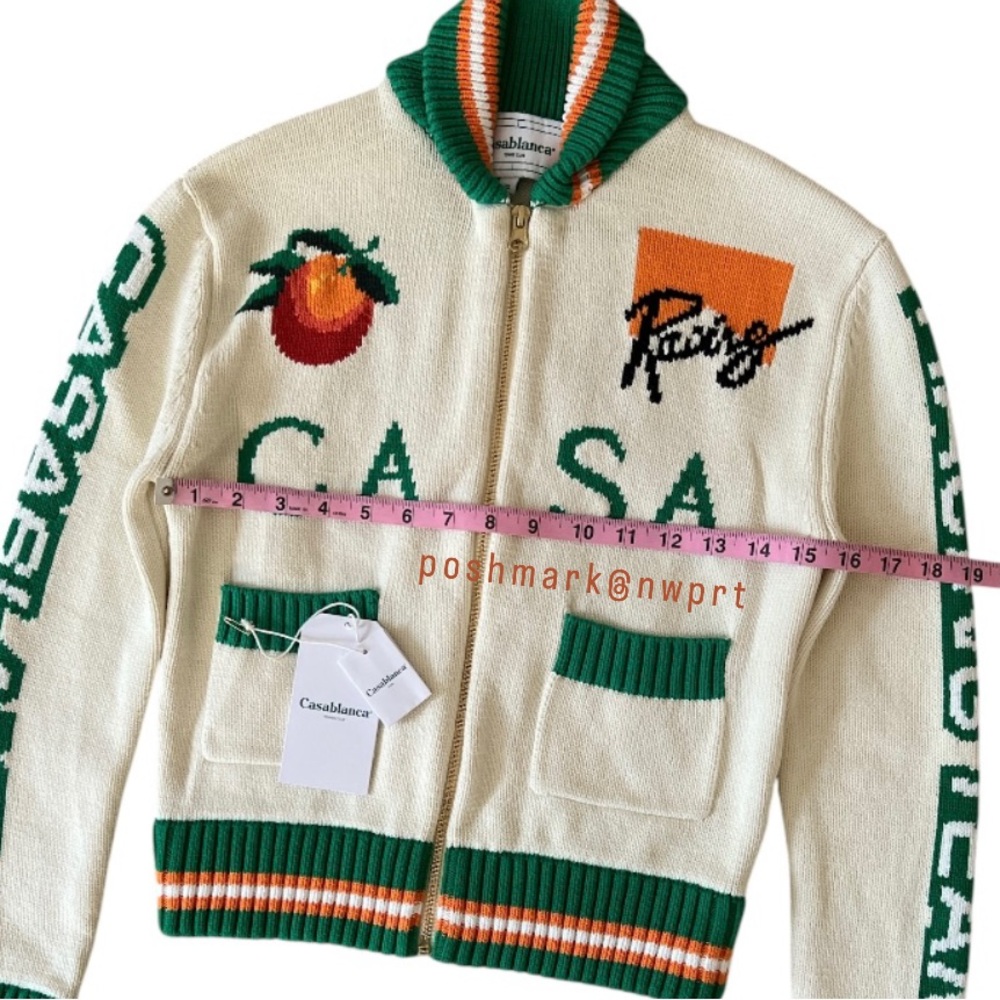 CASABLANCA 🐰 Casa Racing Knit Sweater Cardigan Off White Green Orange Rabbit XS - Picture 13 of 16